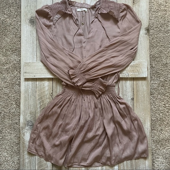 Long-sleeve Peasant Ruched Notch Tie Mini Dress - Picture 3 of 6